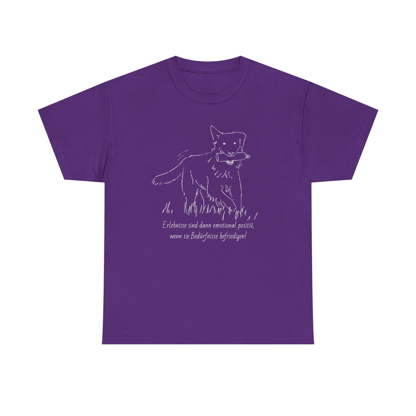 T-Shirt Baumwolle Statement positives hundetraining nd Abbildung Hund mit Dummy im Maul in lila.