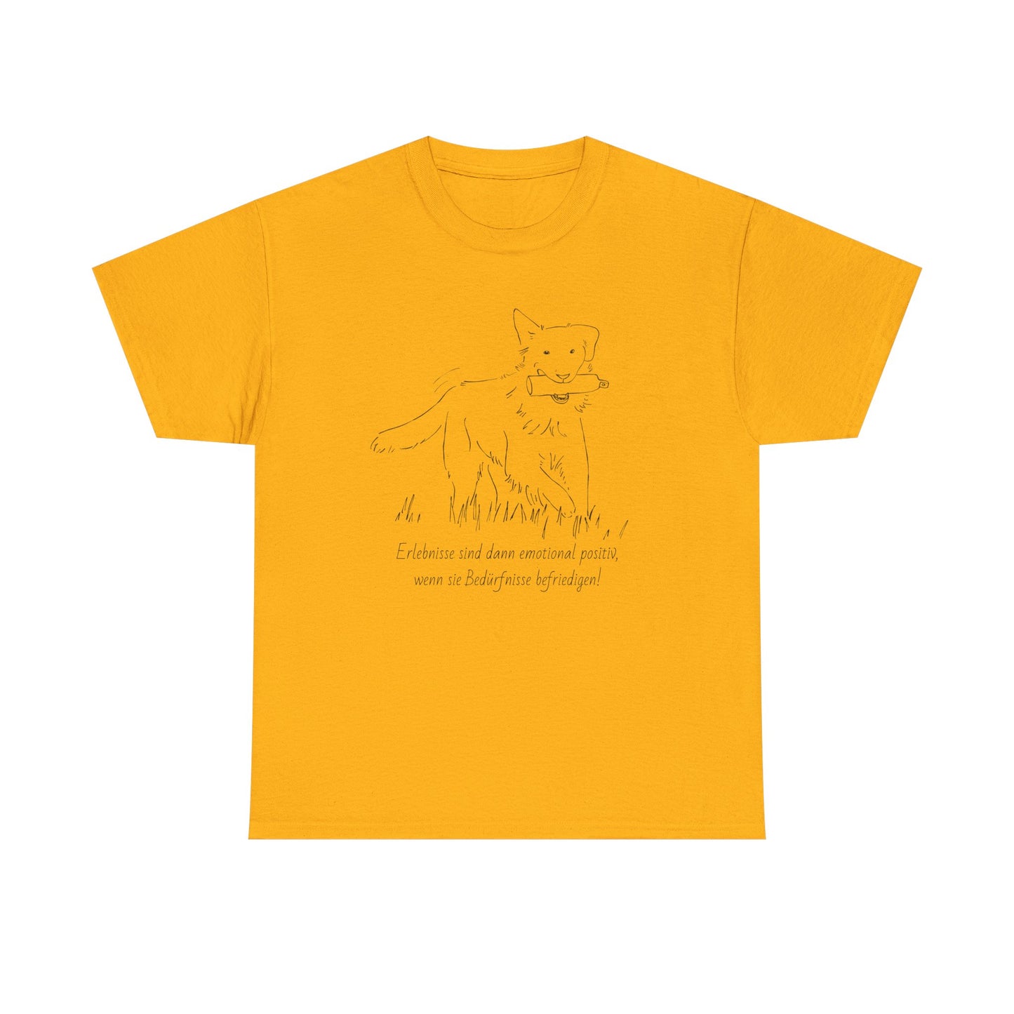 T-Shirt Baumwolle Statement positives hundetraining nd Abbildung Hund mit Dummy im Maul in gelb.