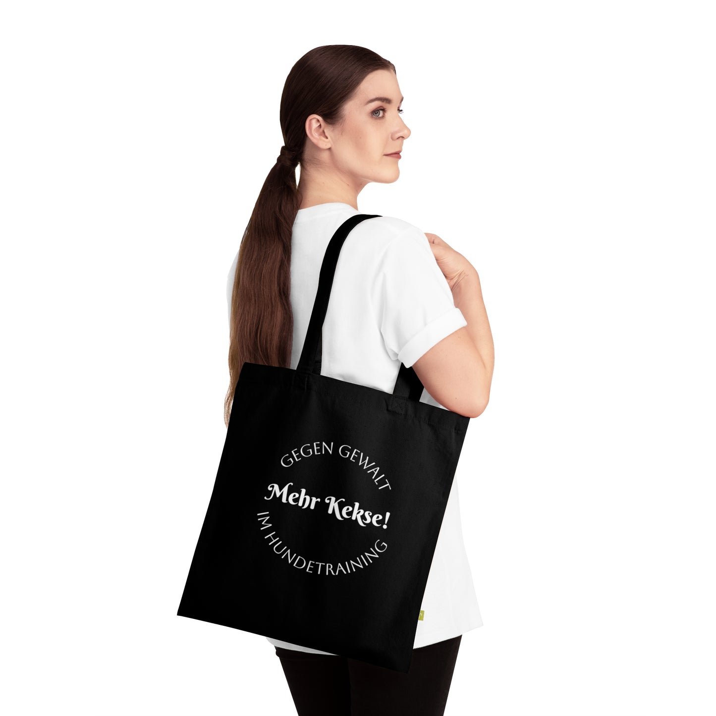 Baumwolltasche Mehr Kekse schwarz mit Modell.
