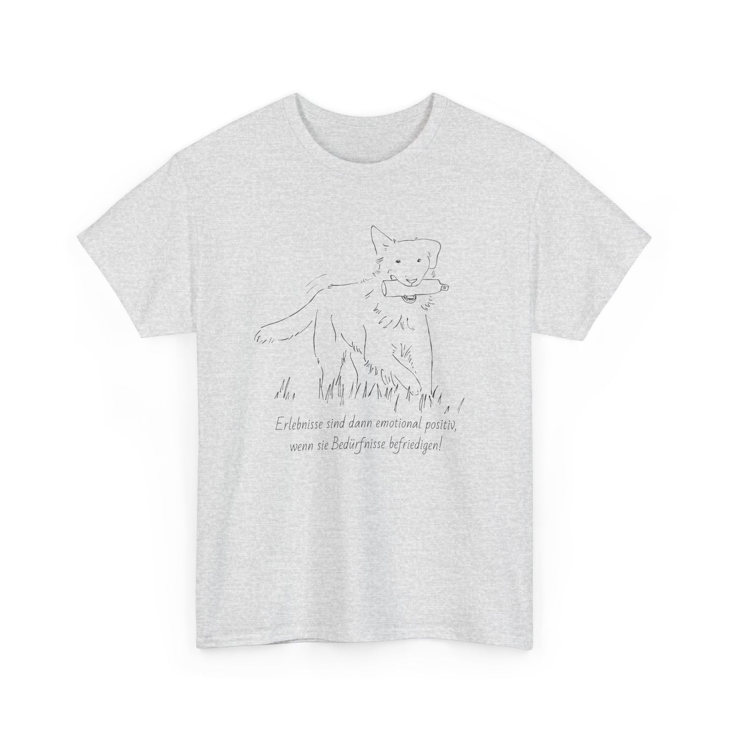 T-Shirt Baumwolle Statement positives hundetraining nd Abbildung Hund mit Dummy im Maul in hellgrau.