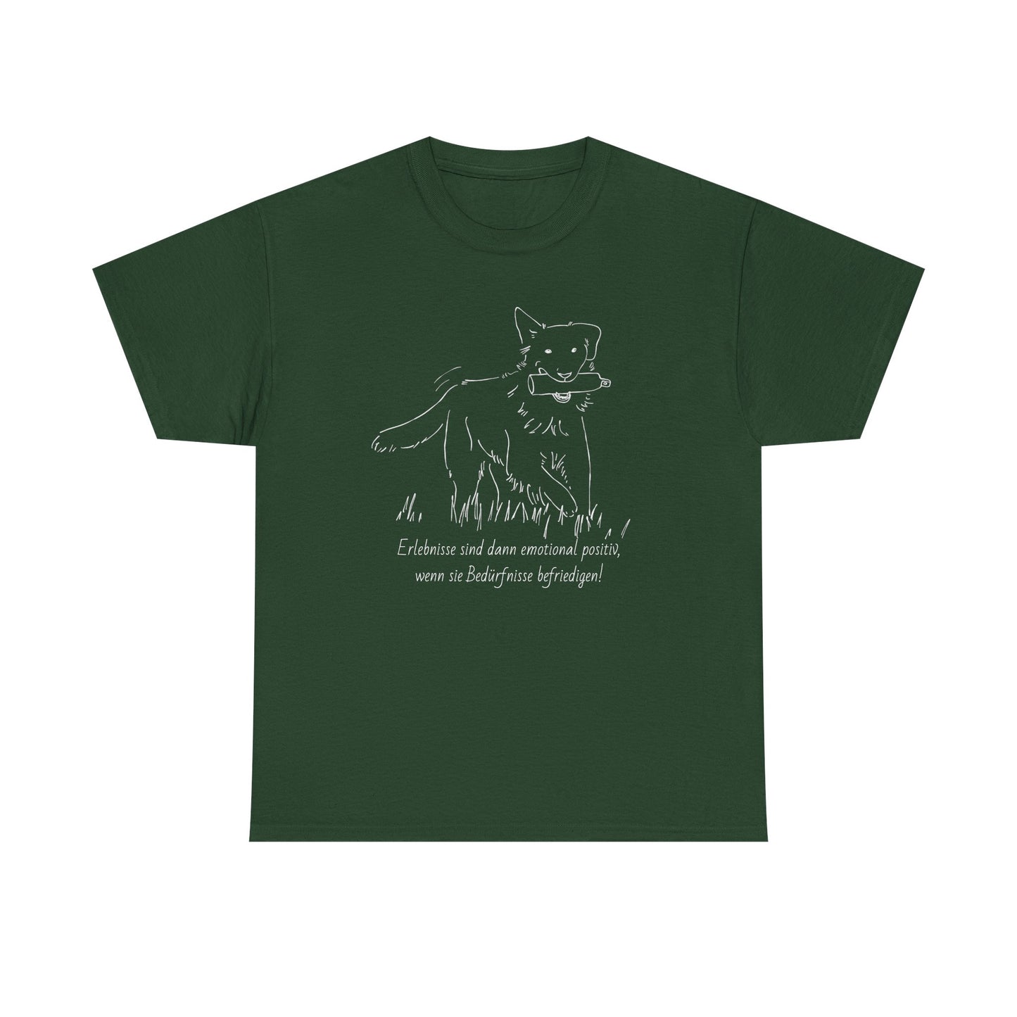 T-Shirt Baumwolle Statement positives hundetraining nd Abbildung Hund mit Dummy im Maul in dunkelgrün.