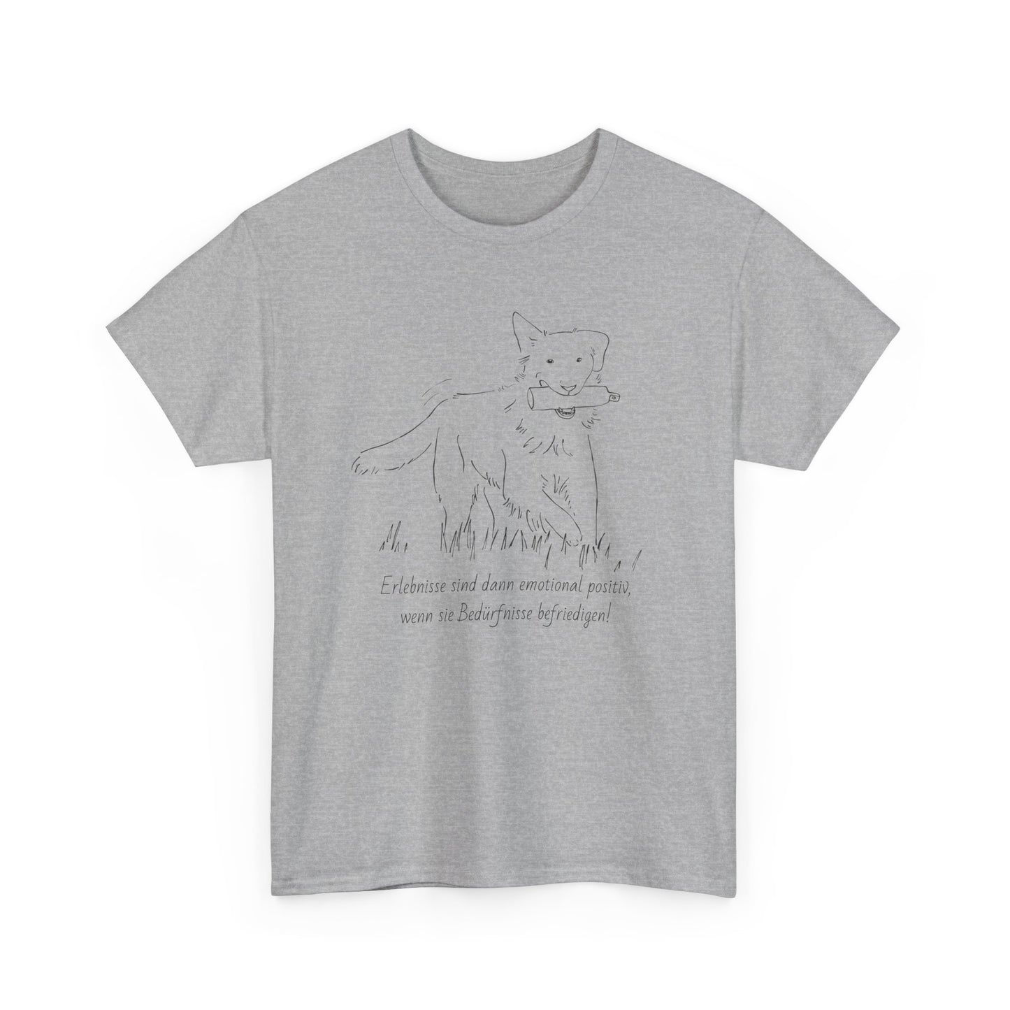 T-Shirt Baumwolle Statement positives hundetraining nd Abbildung Hund mit Dummy im Maul in mittelgrau.