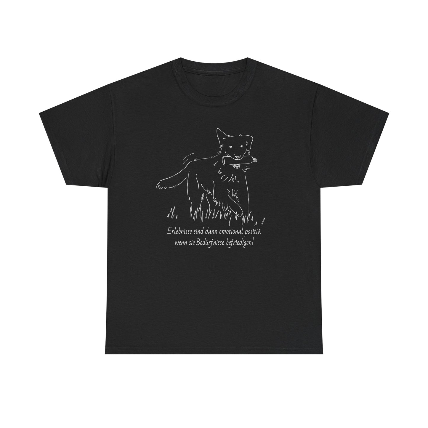 T-Shirt Baumwolle Statement positives hundetraining nd Abbildung Hund mit Dummy im Maul in schwarz.