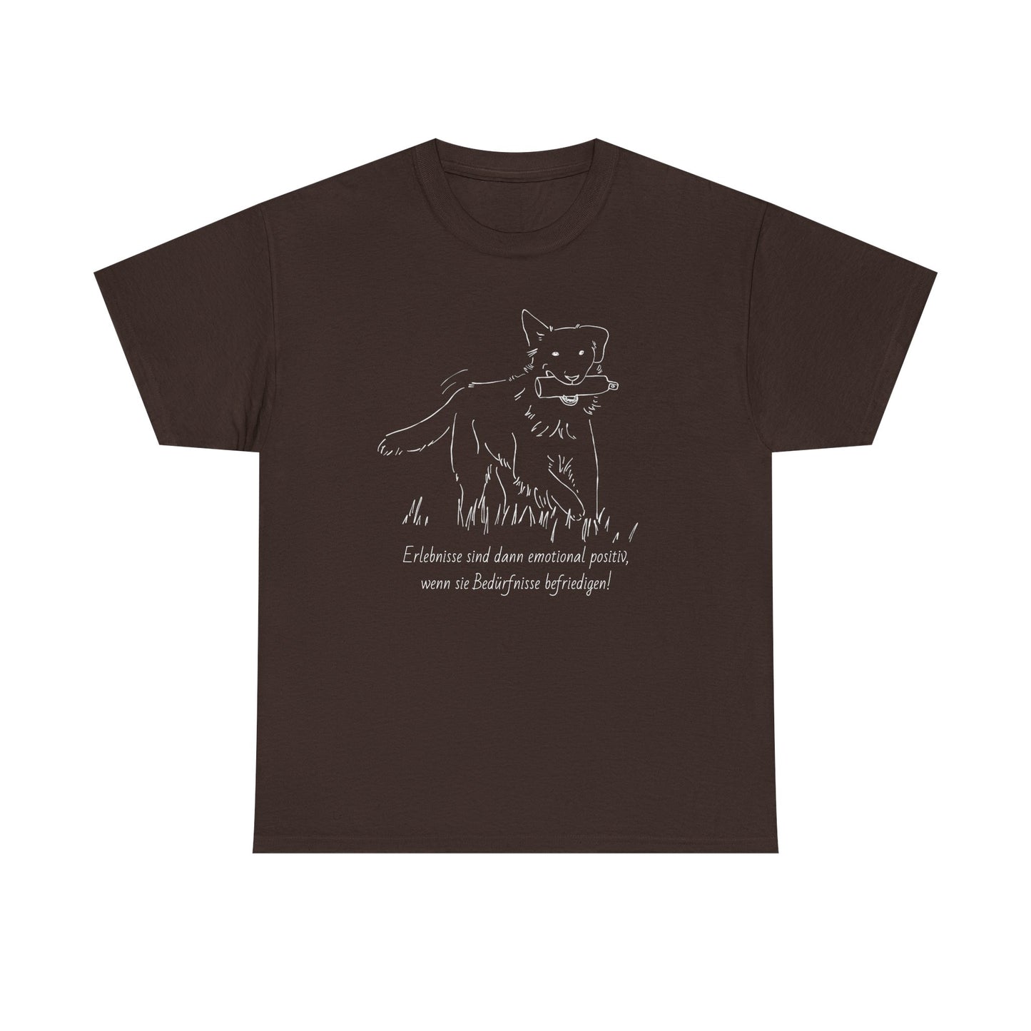 T-Shirt Baumwolle Statement positives hundetraining nd Abbildung Hund mit Dummy im Maul in braun.