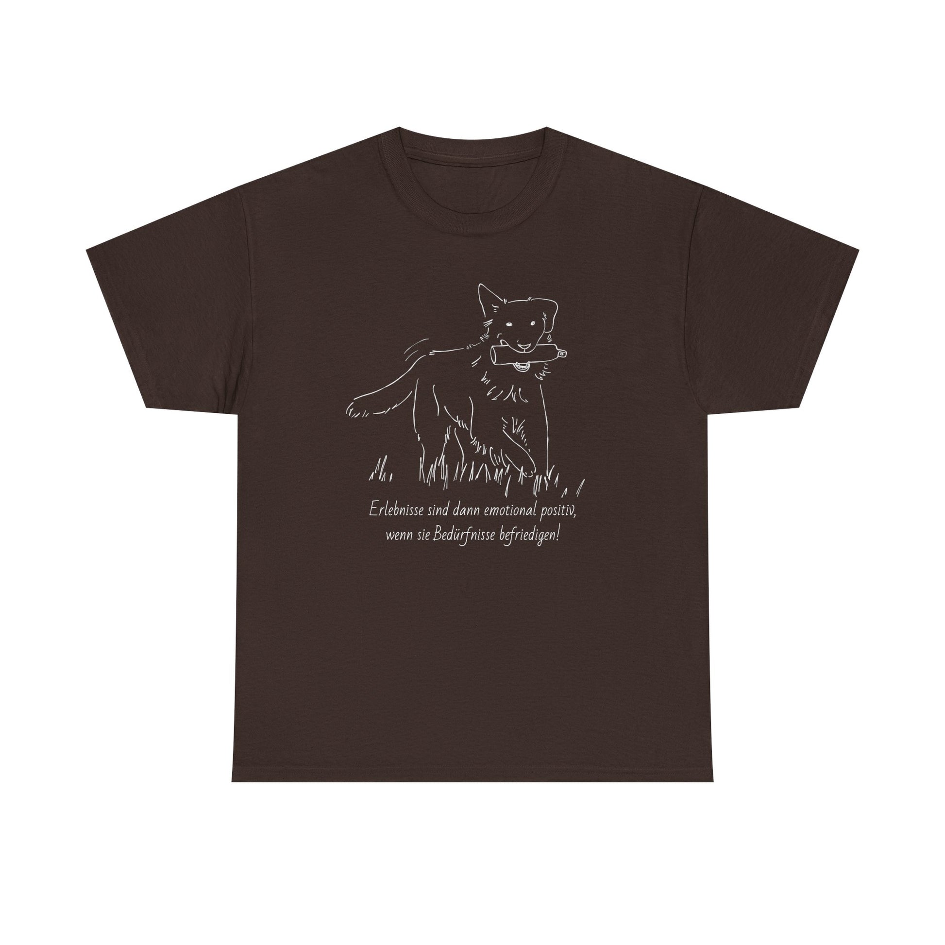 T-Shirt Baumwolle Statement positives hundetraining nd Abbildung Hund mit Dummy im Maul in braun.