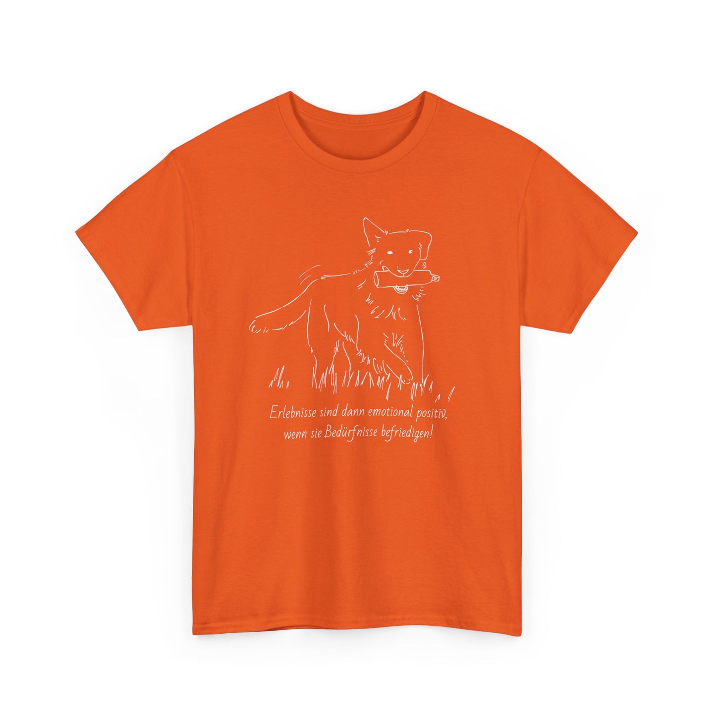T-Shirt Baumwolle Statement positives hundetraining nd Abbildung Hund mit Dummy im Maul in orange.