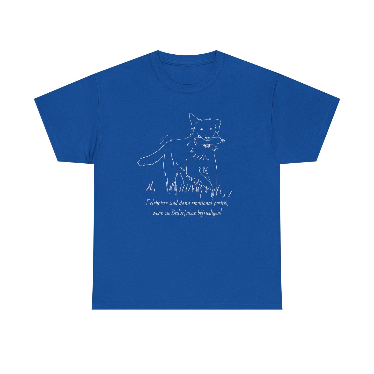 T-Shirt Baumwolle Statement positives hundetraining nd Abbildung Hund mit Dummy im Maul in blau.