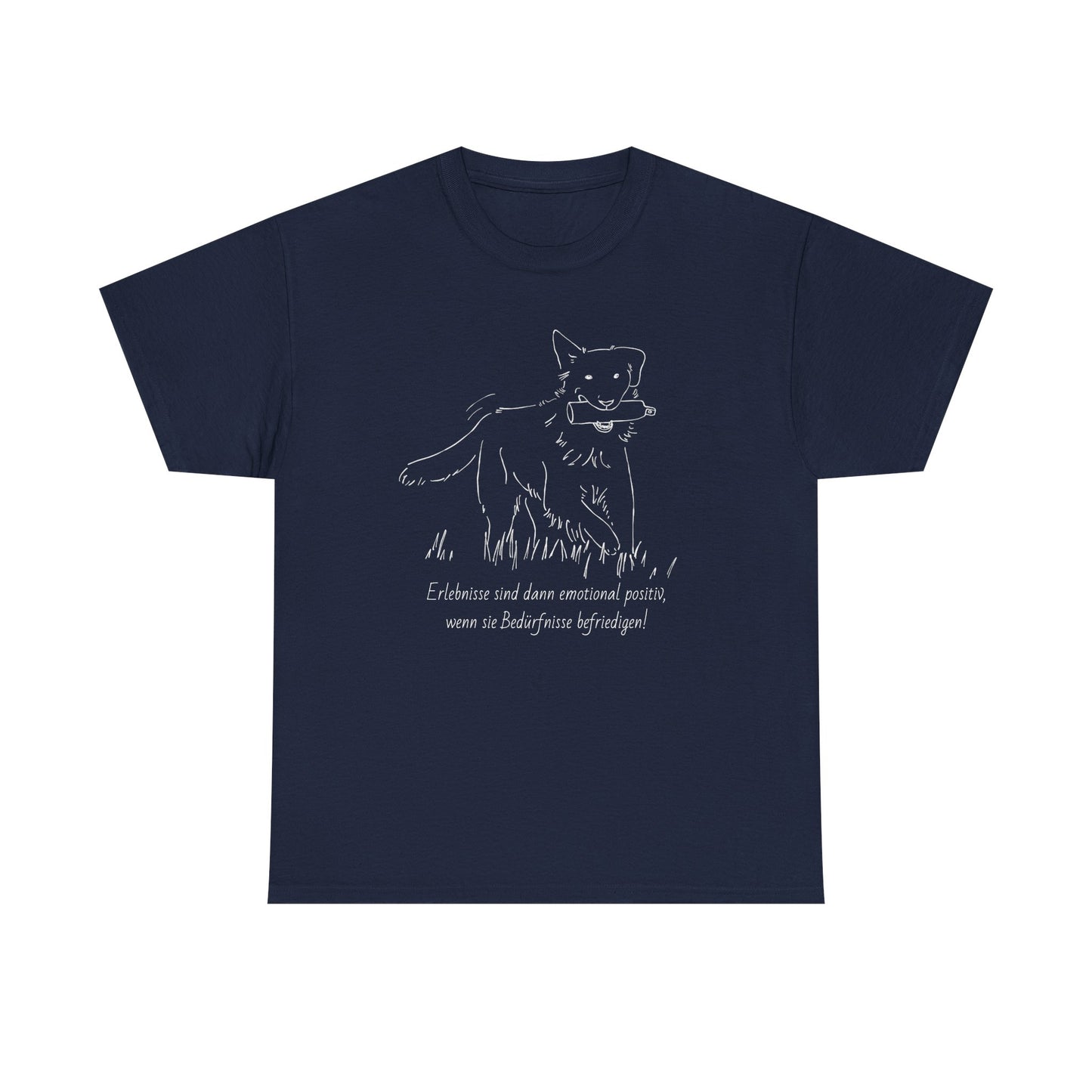 T-Shirt Baumwolle Statement positives hundetraining nd Abbildung Hund mit Dummy im Maul in navy.