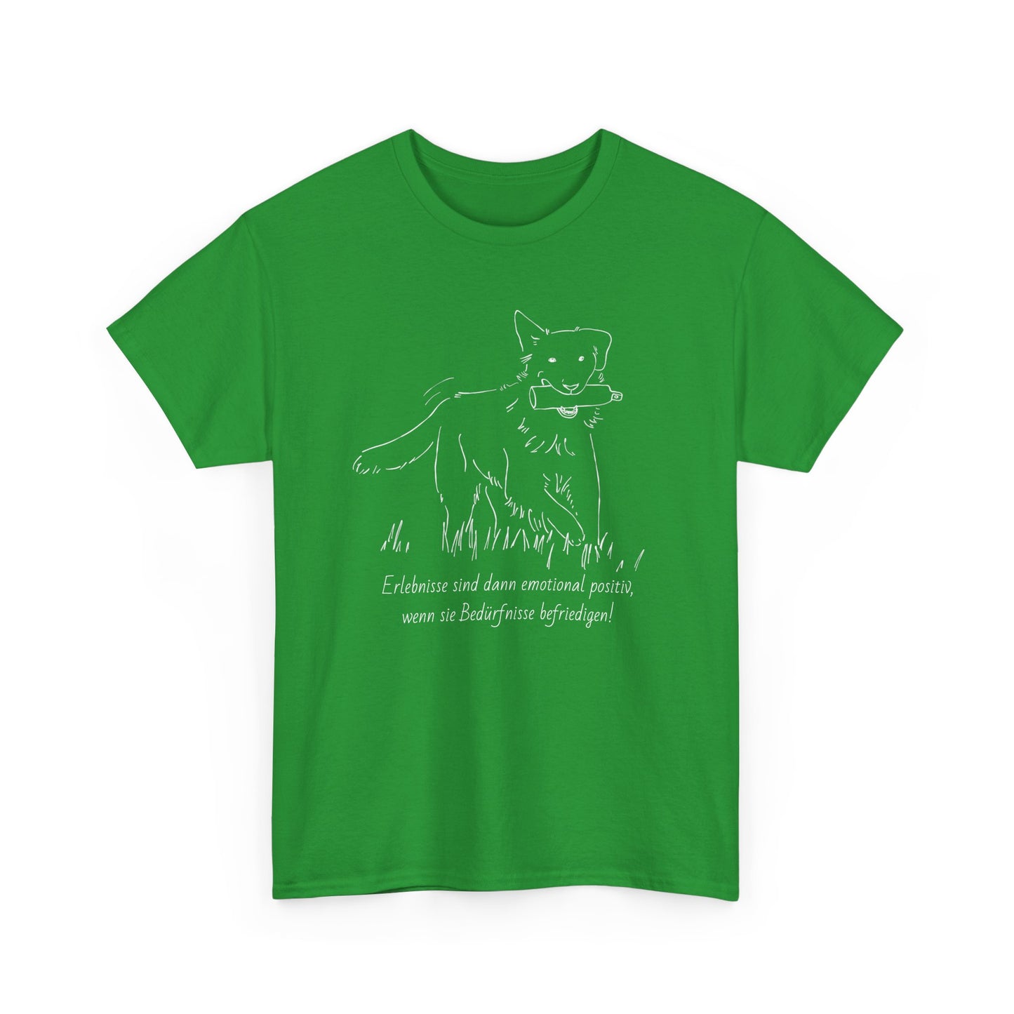 T-Shirt Baumwolle Statement positives hundetraining nd Abbildung Hund mit Dummy im Maul in grasgrün.