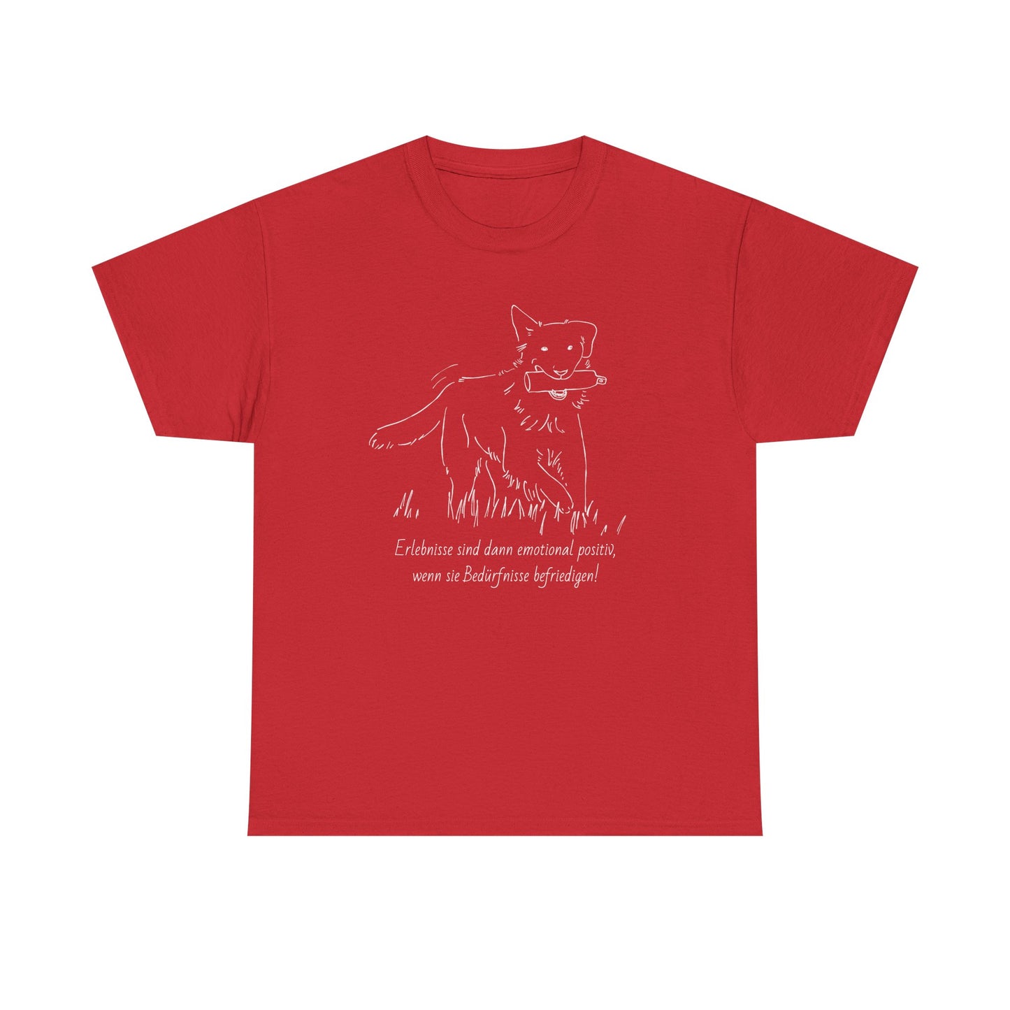 T-Shirt Baumwolle Statement positives hundetraining nd Abbildung Hund mit Dummy im Maul in rot.