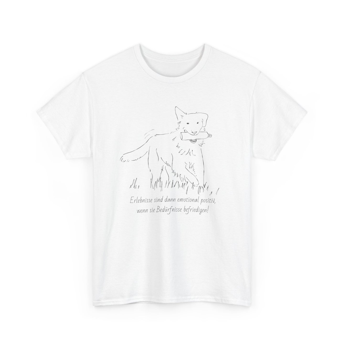 T-Shirt Baumwolle Statement positives hundetraining nd Abbildung Hund mit Dummy im Maul in weiß.