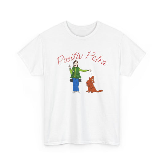 Weißes T-Shirt Baumwolle mit Abbildung Positiv Petra im Comic-Stil.